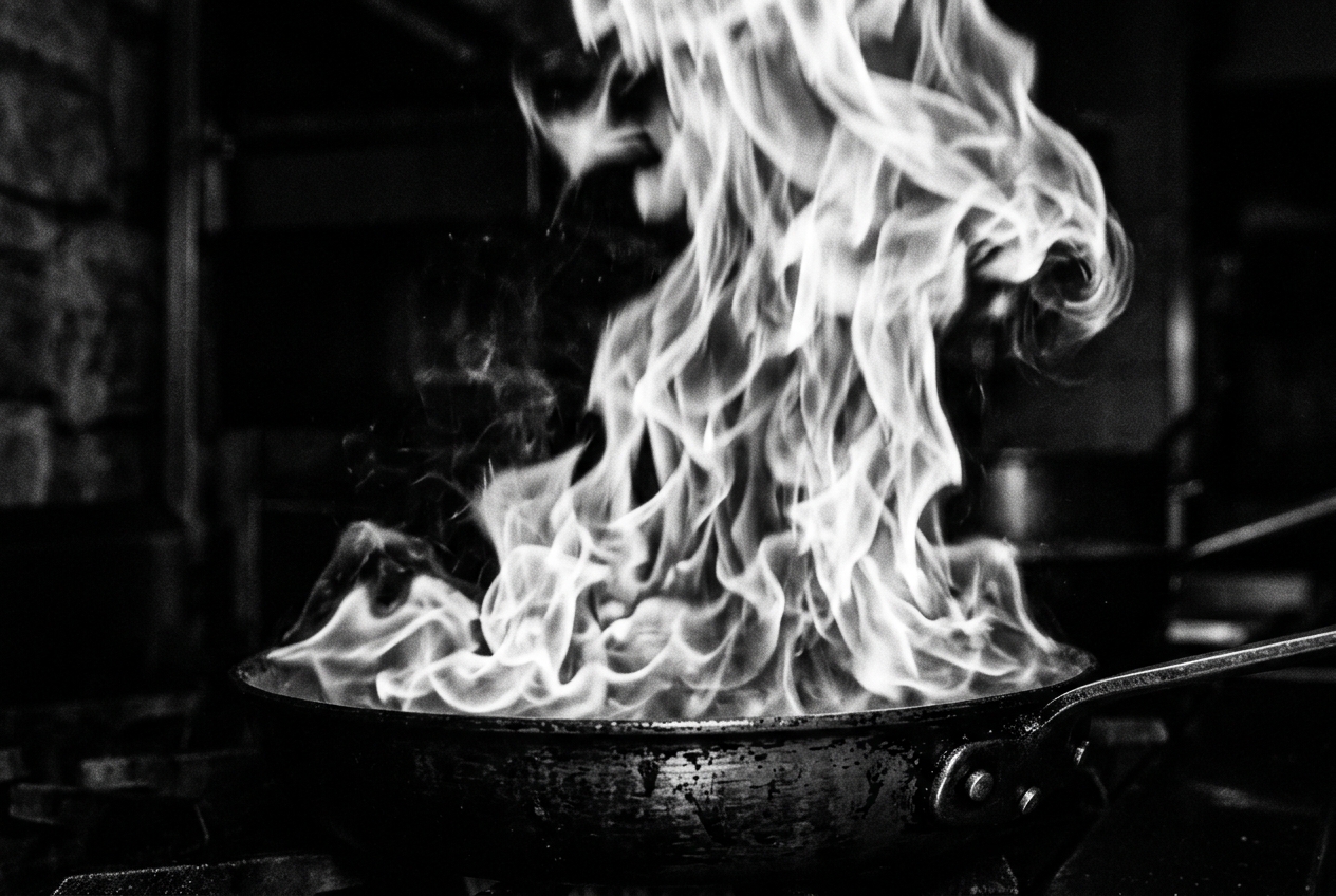 Chef flambé in a pan with flames, black and white
