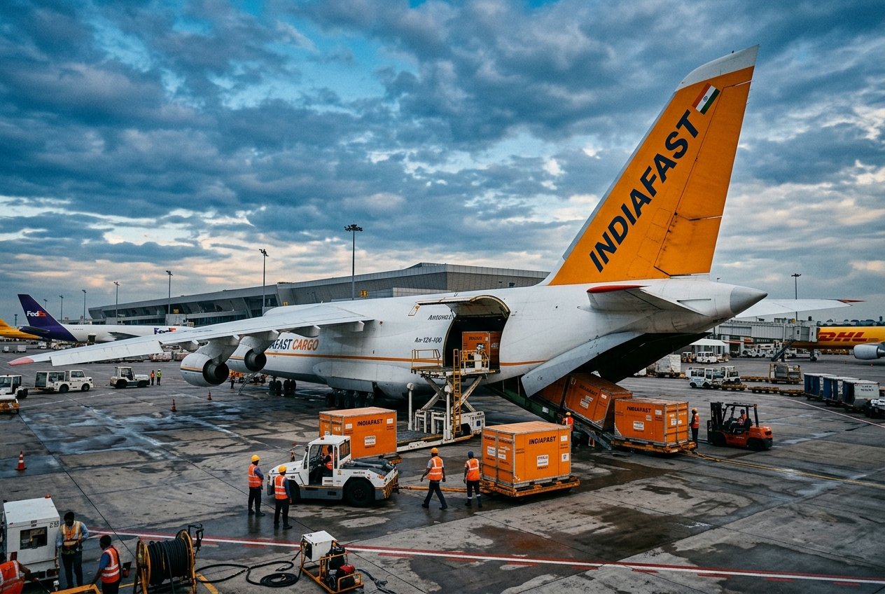 IndiaFast branded cargo aircraft being loaded
