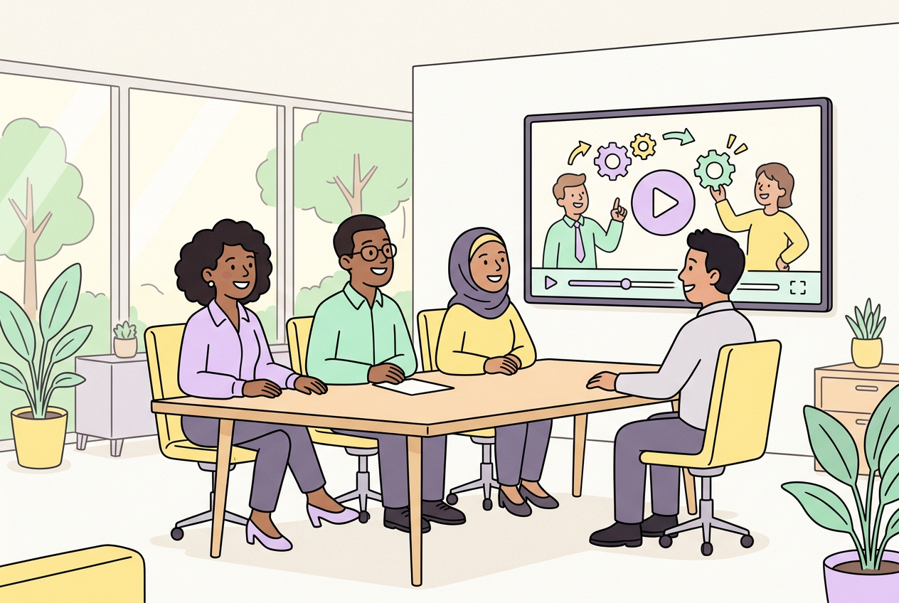 Team watching an animated corporate training video