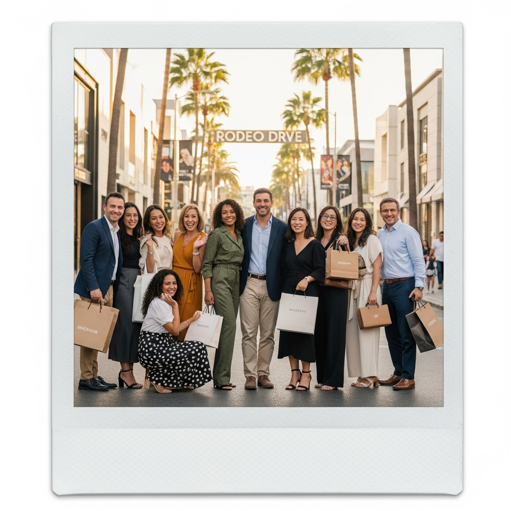 Happy tourists shopping on Rodeo Drive Beverly Hills