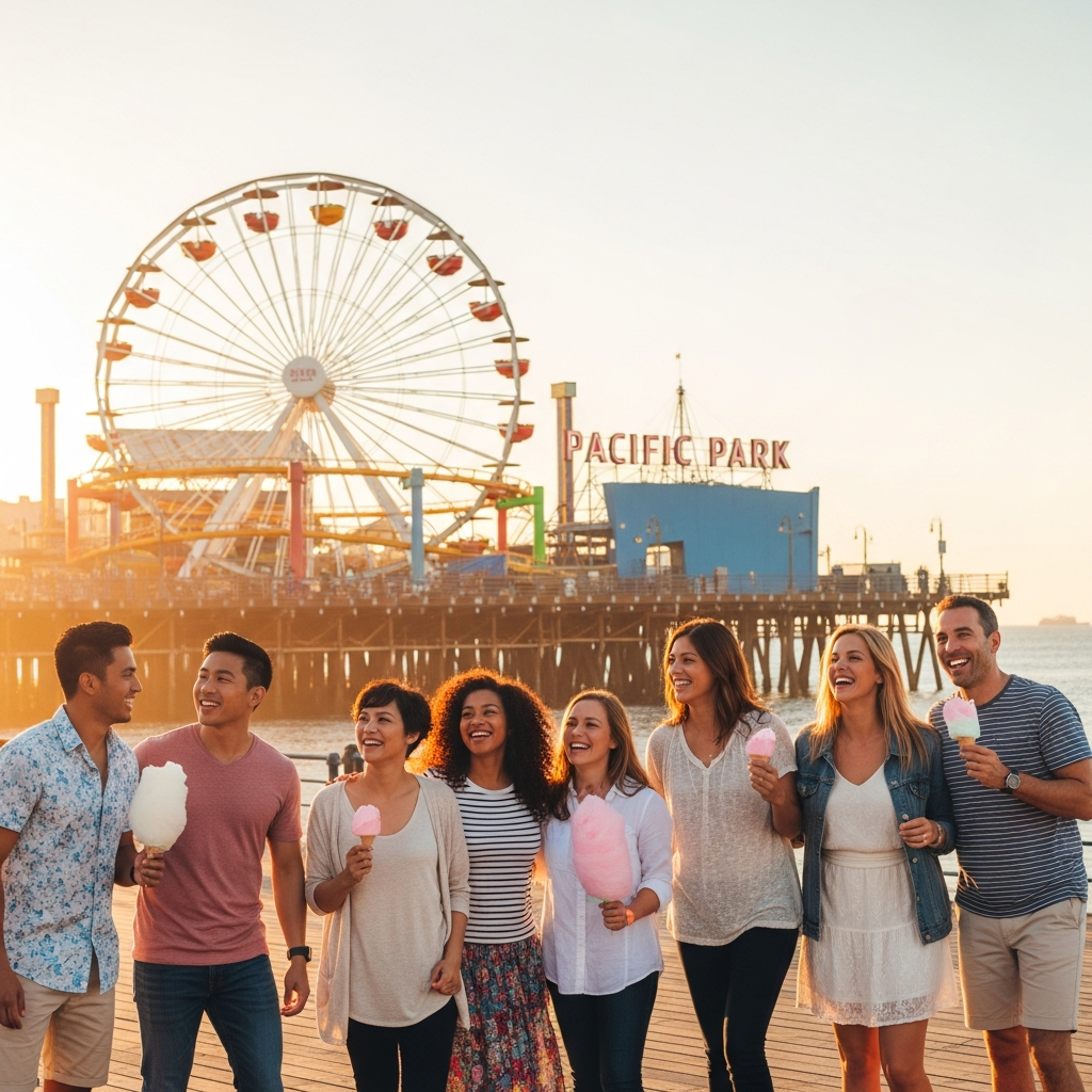 Joyful group of tourists at Santa Monica Pier sunset