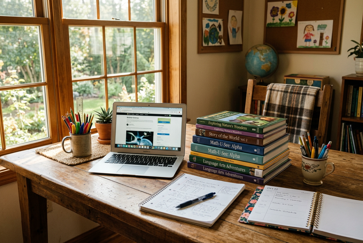 Cozy homeschool supplies setup with books and laptop