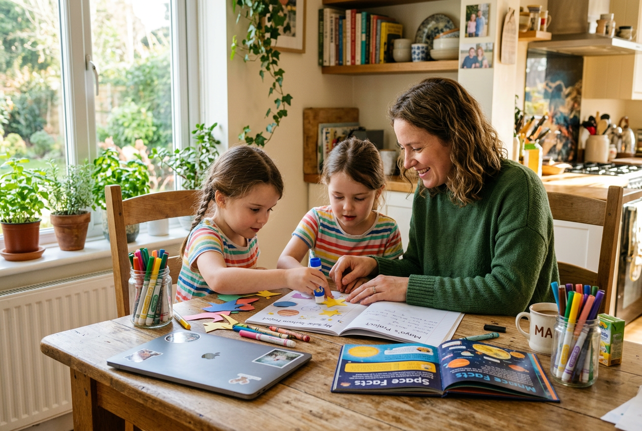 Parent helping child with a homeschool project at a sunny kitchen table
