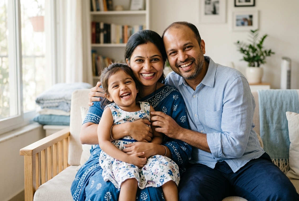 Happy parents smiling with their preschool child