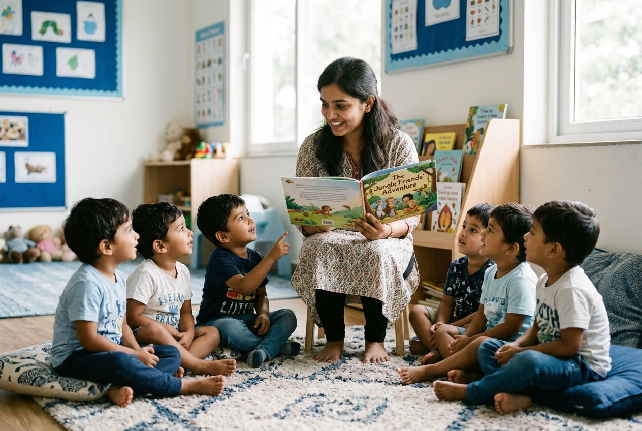 Teacher guiding preschool children through an activity