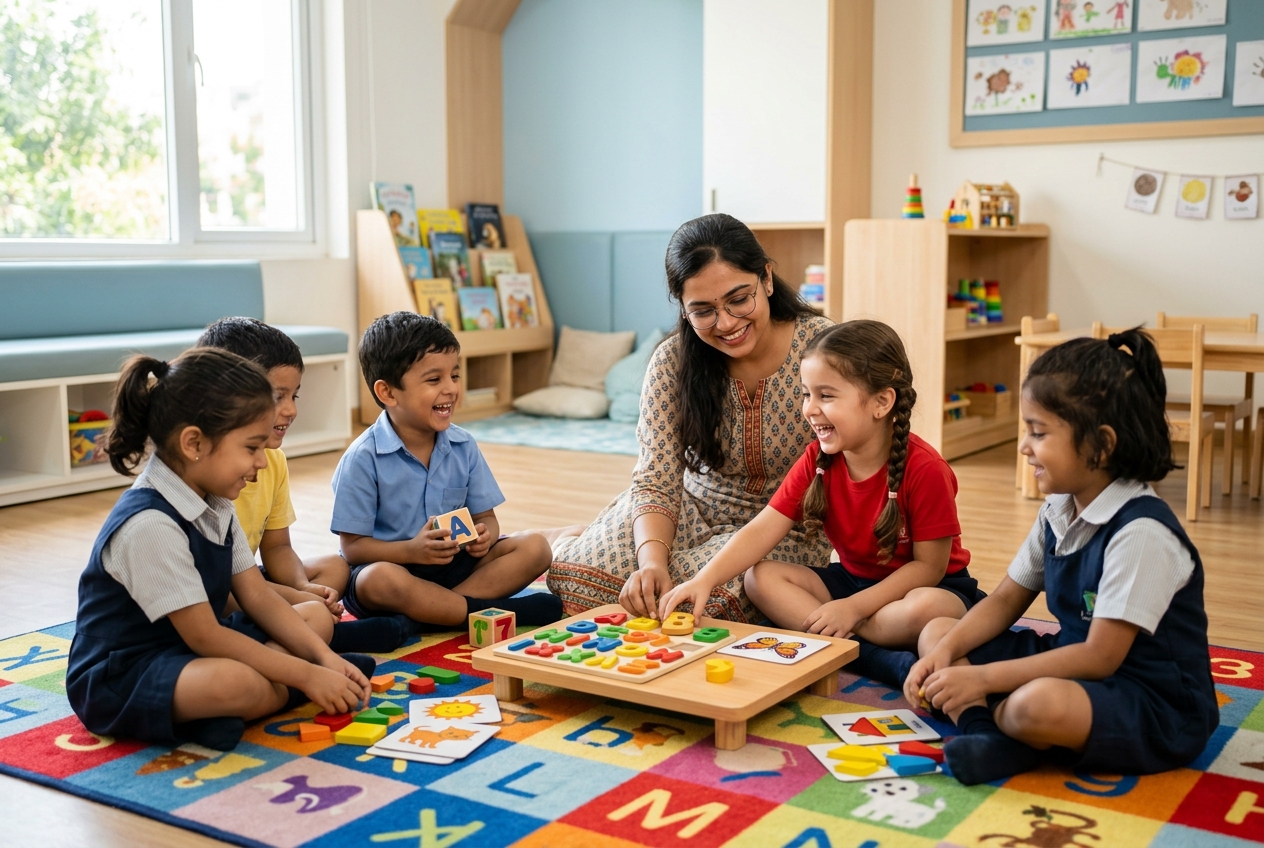 Happy preschool children doing an activity-based learning session with their teacher at Blue Cube Junior Preschool, Bhiwandi