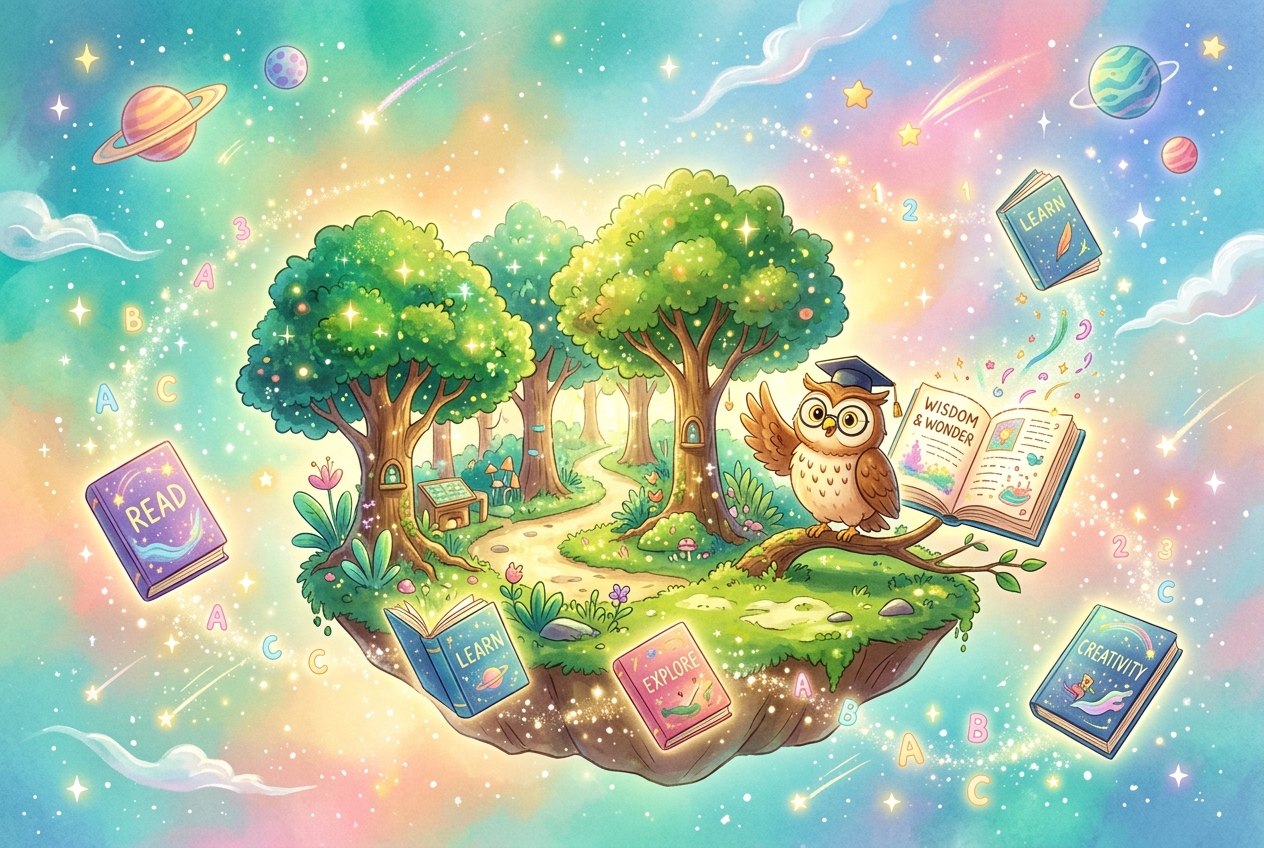 A bright learning forest full of glowing knowledge in the Isaiah's World universe