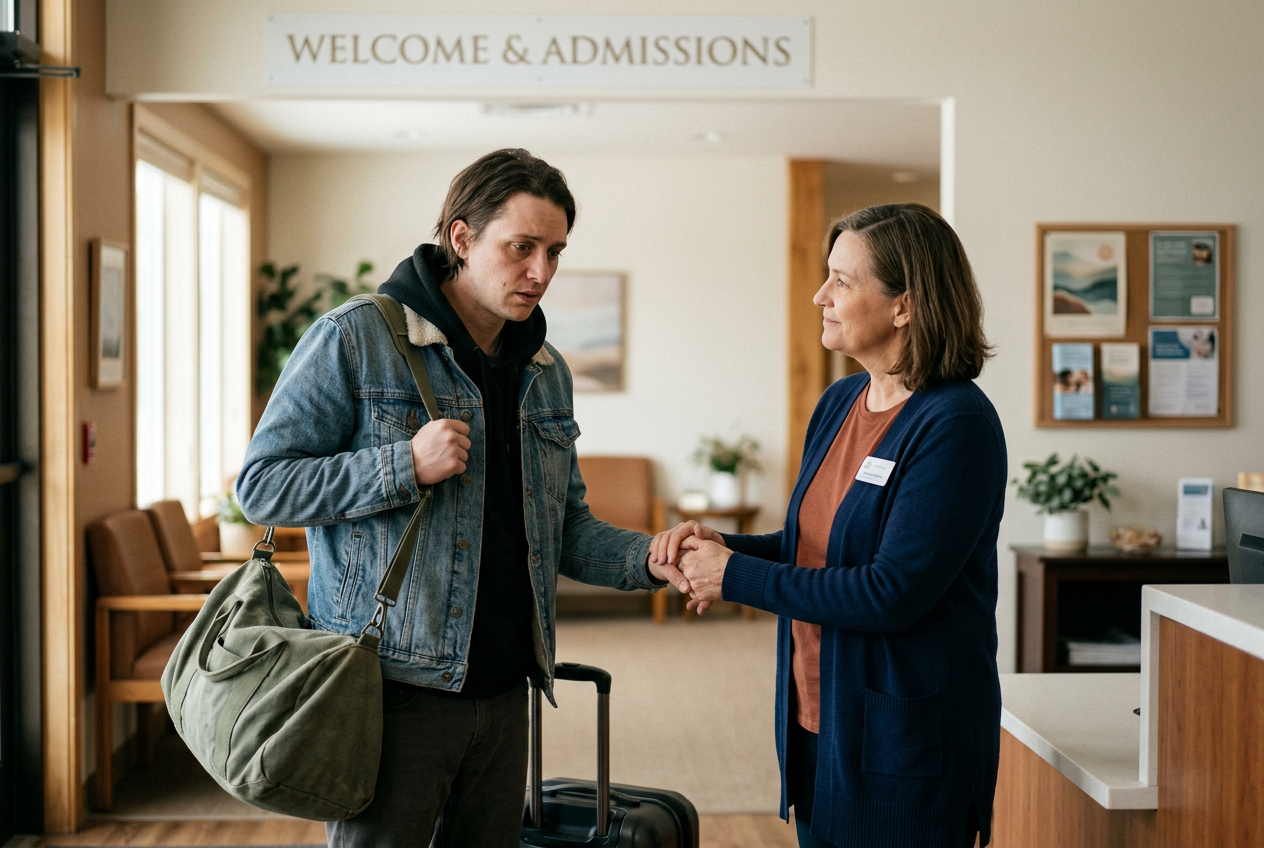A tired newcomer being warmly welcomed into treatment