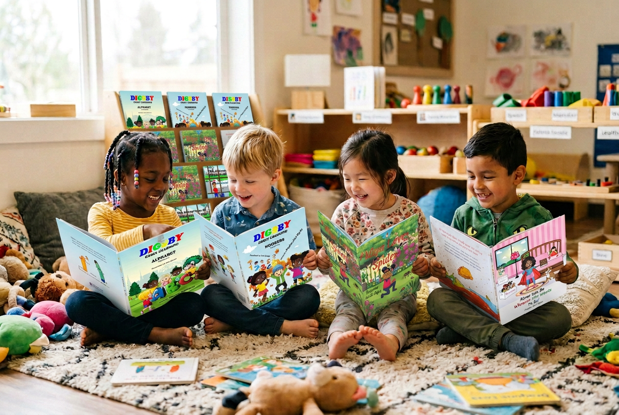 A diverse, multicultural group of happy young children reading Digsby Early Learning books together