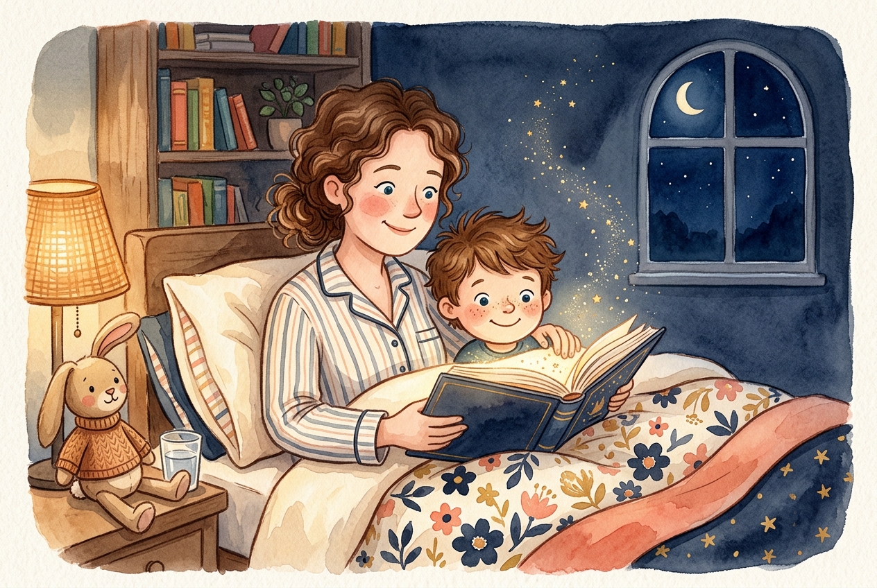 Illustration of a parent and child reading a glowing storybook together at bedtime