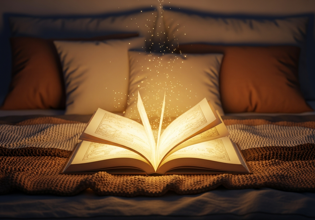 A glowing magical storybook on a bed