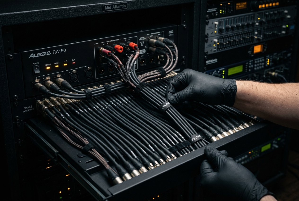Perfectionist cable management in amplifier rack