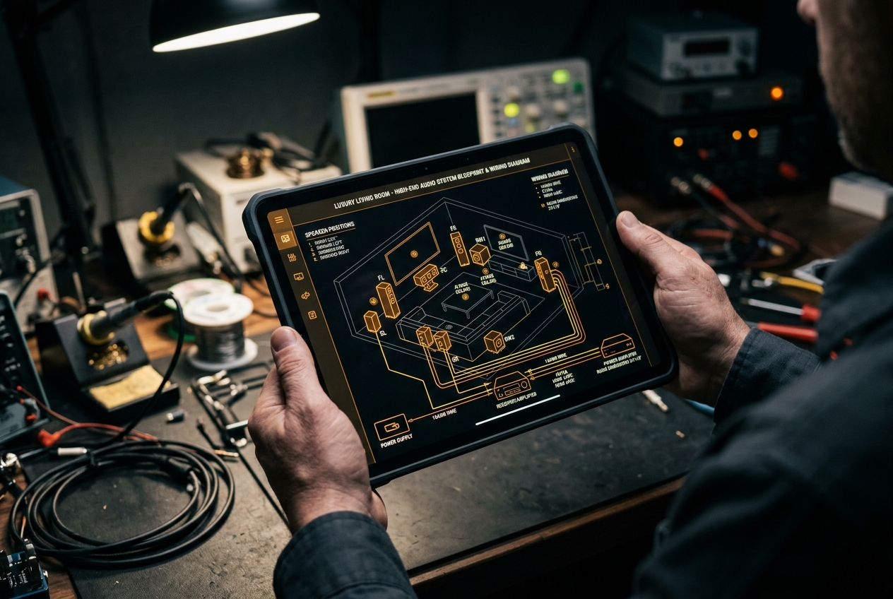 3D audio blueprint & wiring diagram on tablet