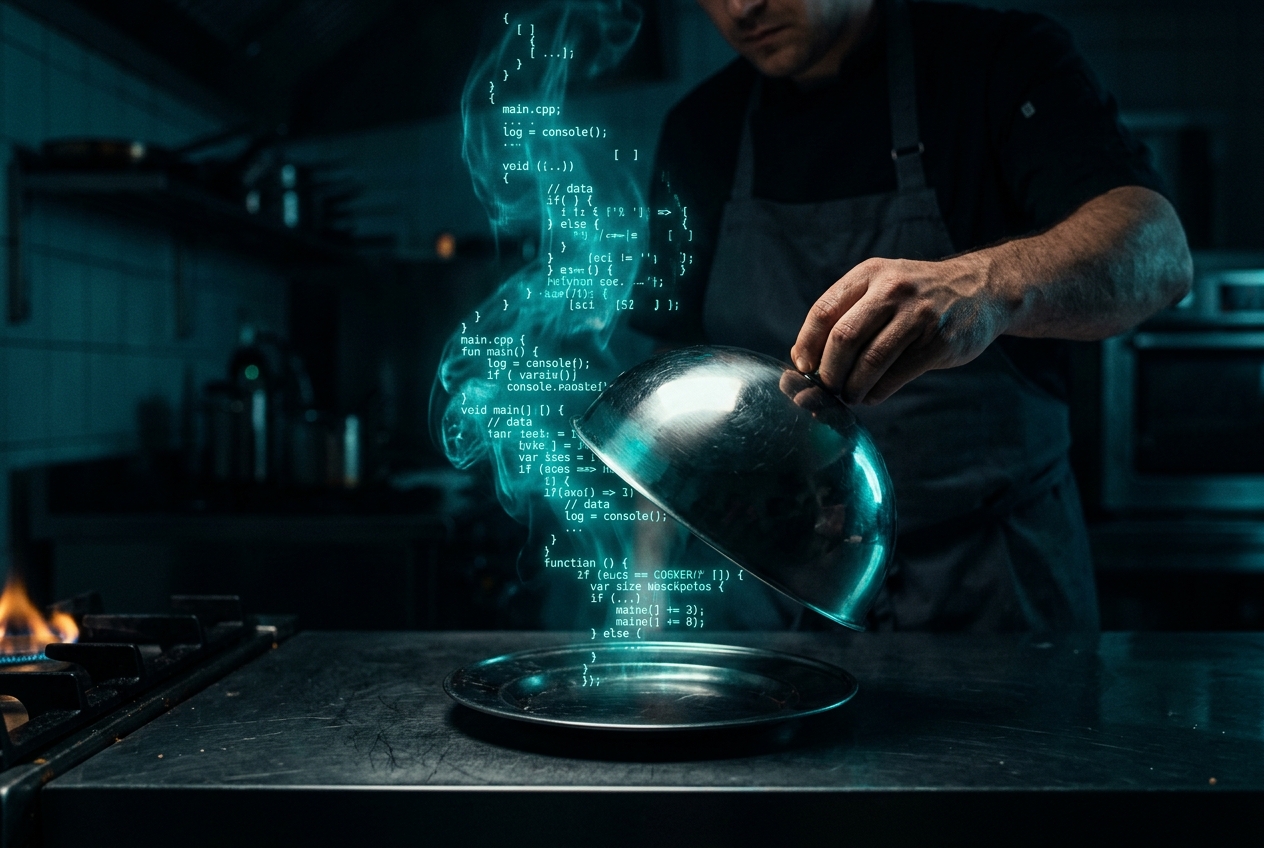 A kitchen lifting the cloche to find glowing code