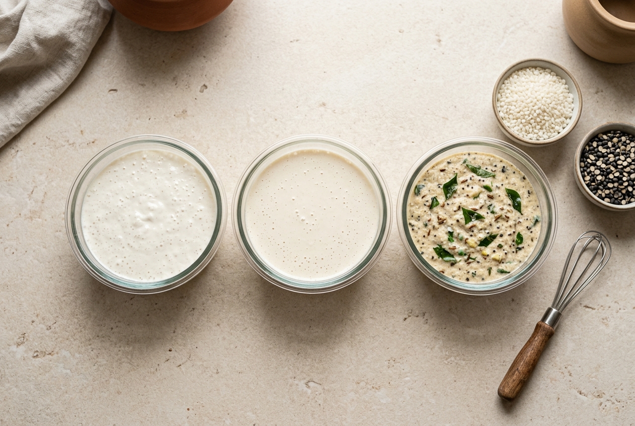 Fresh South Indian batter being prepared in a clean production kitchen