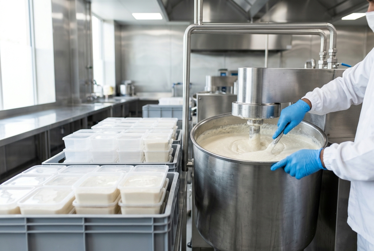 Fresh South Indian batter being prepared in a clean production kitchen