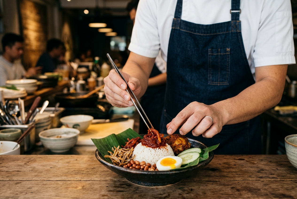 A Malaysian rice bowl being plated inside a modern food truck