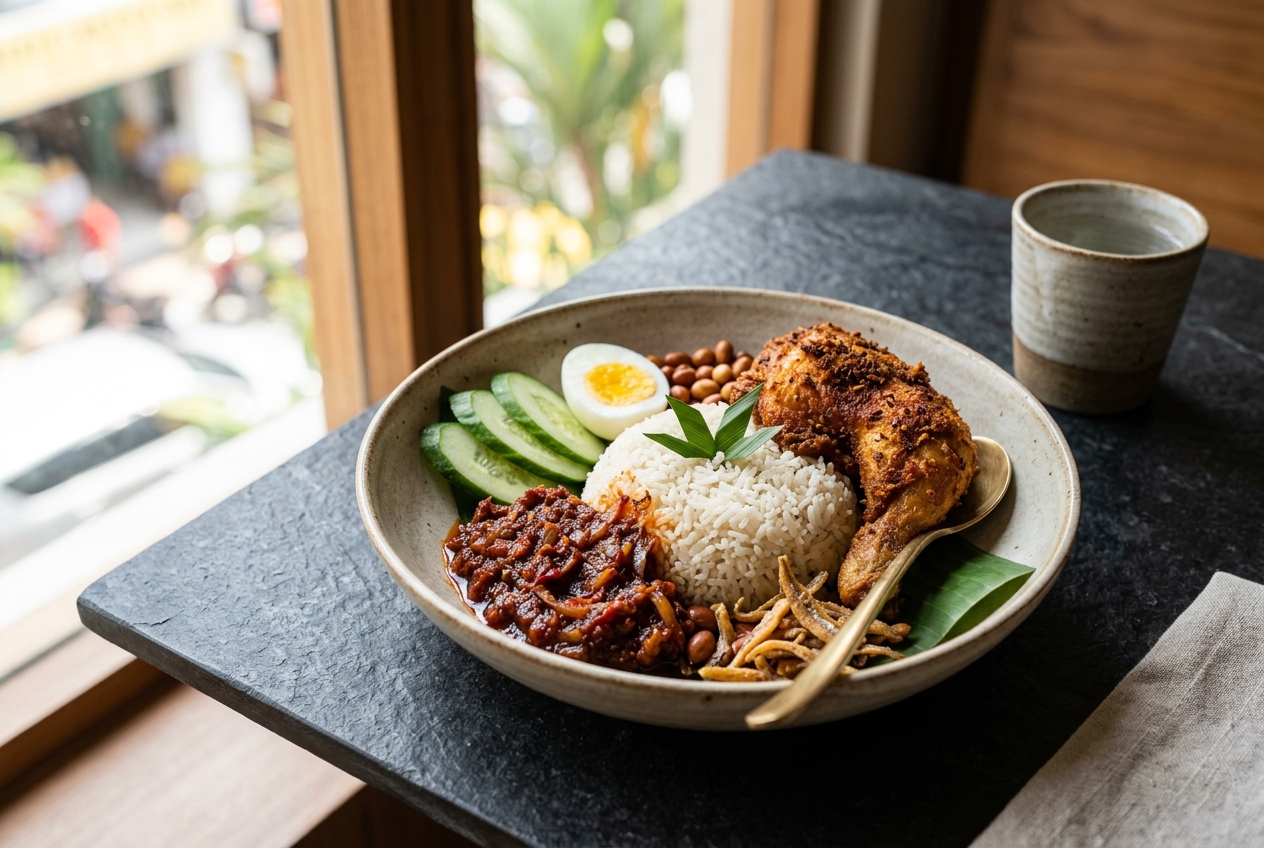 A Malaysian rice bowl being plated inside a modern food truck