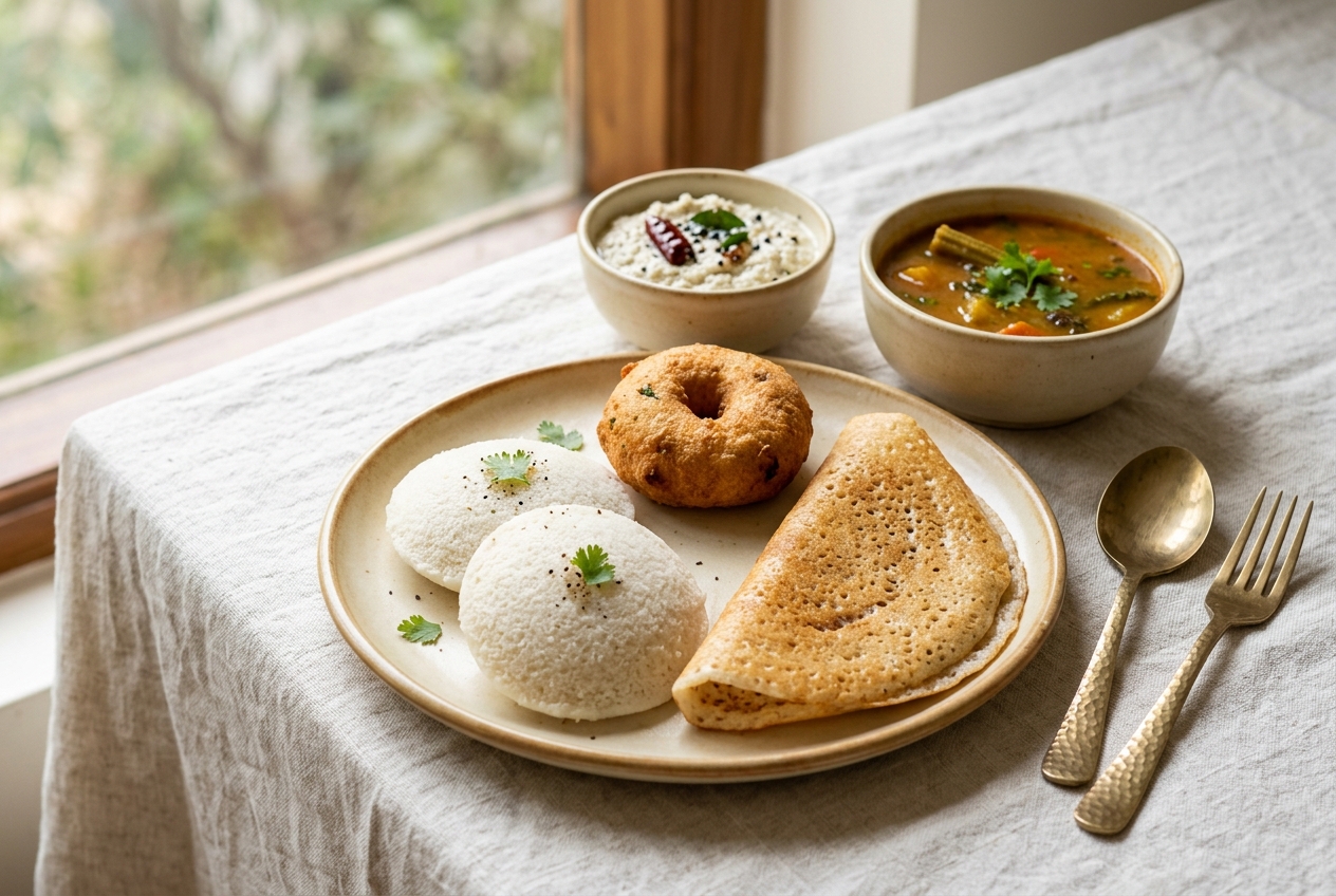 Idli, dosa and vada served with chutney and sambar