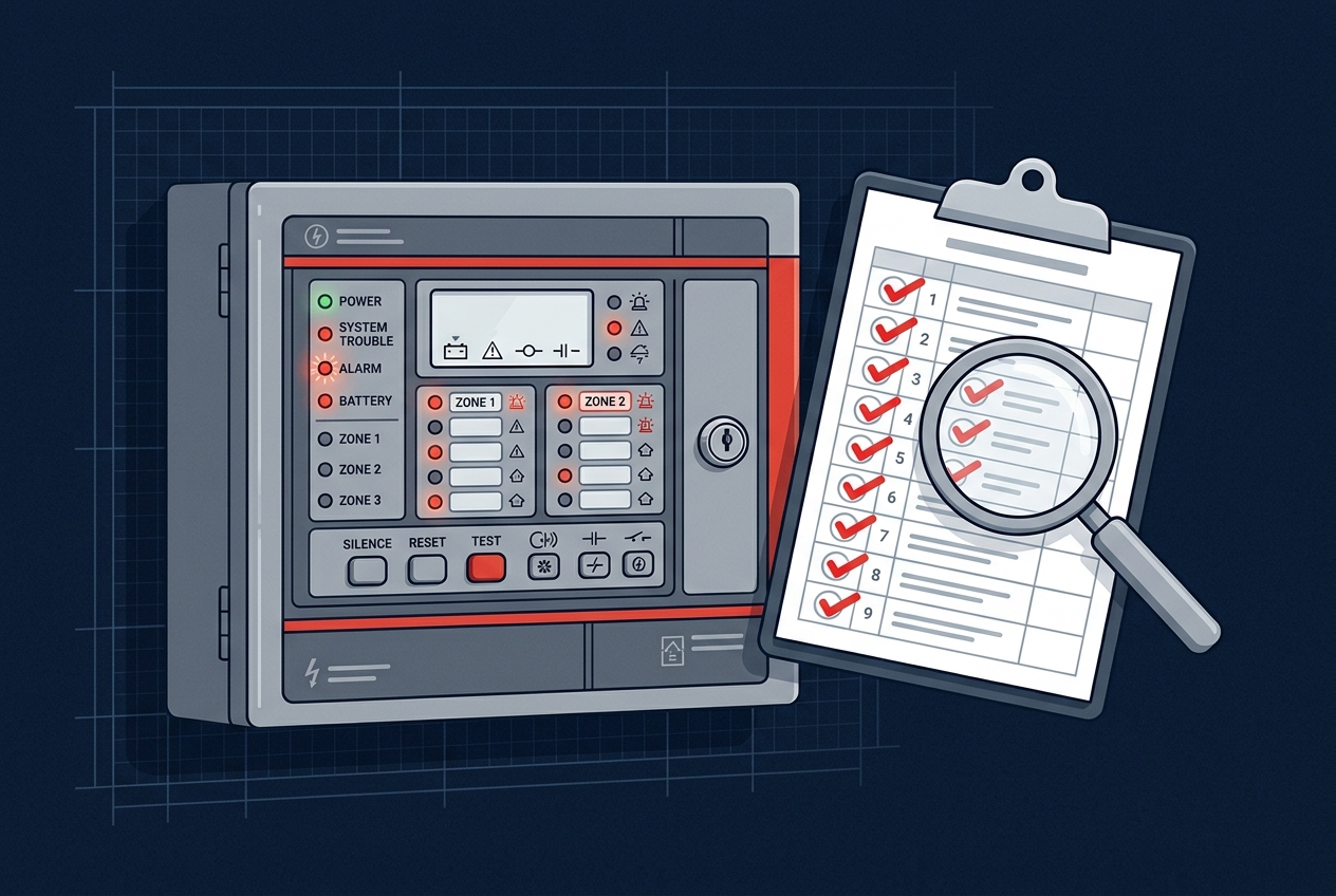Illustration of a fire alarm control panel with an inspection checklist