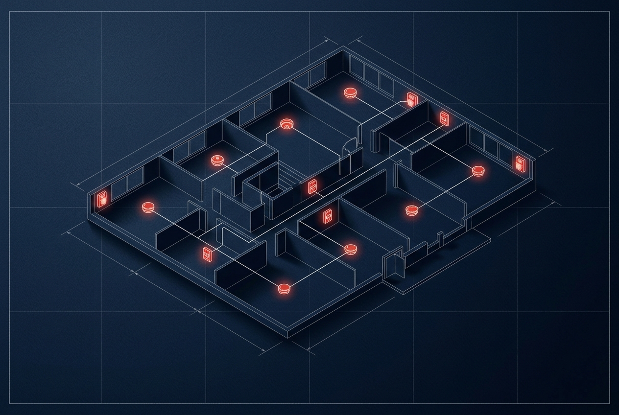Illustration of a fire alarm floor plan with device layout