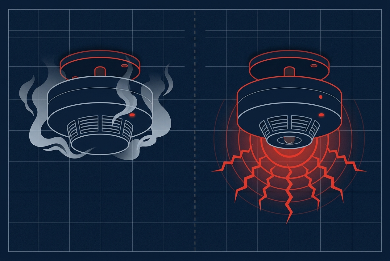 Illustration comparing a smoke detector and a heat detector