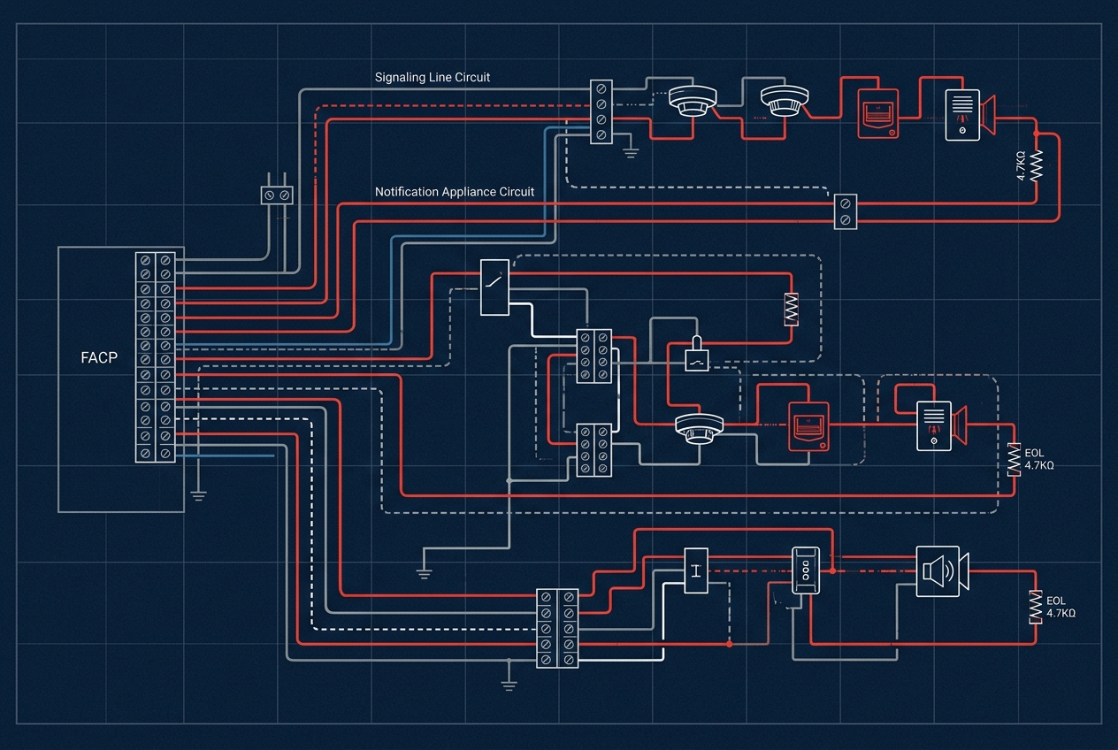 Illustration of a fire alarm wiring and circuit diagram