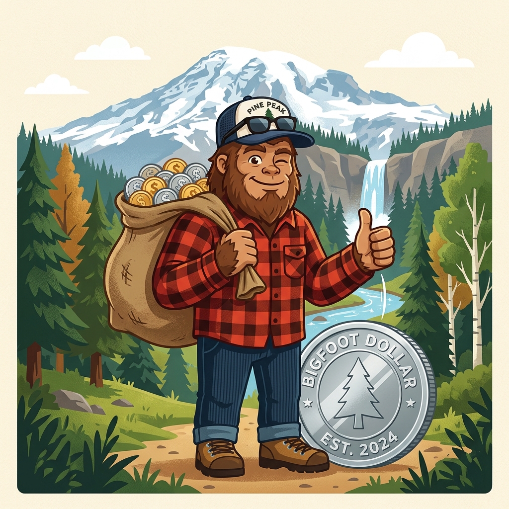 The Idaho Coin Bigfoot mascot hauling a sack of silver and gold
