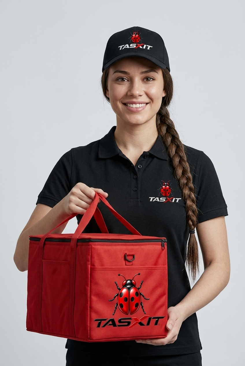 Tasxit catering courier in a black polo shirt and cap with the Tasxit logo, holding a branded red hot bag