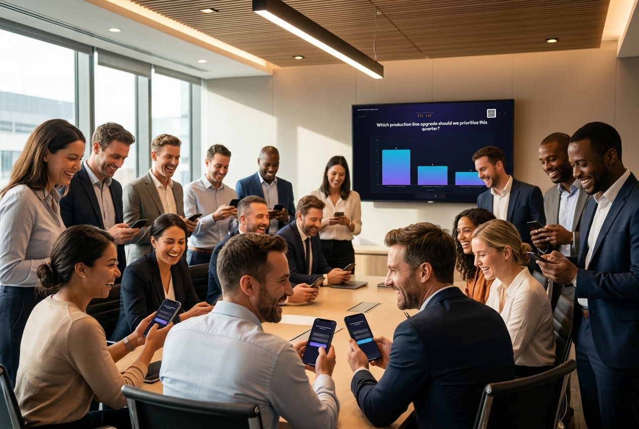 A full conference room of engineers laughing and voting live on their phones, with the presenter screen showing live poll results in the background