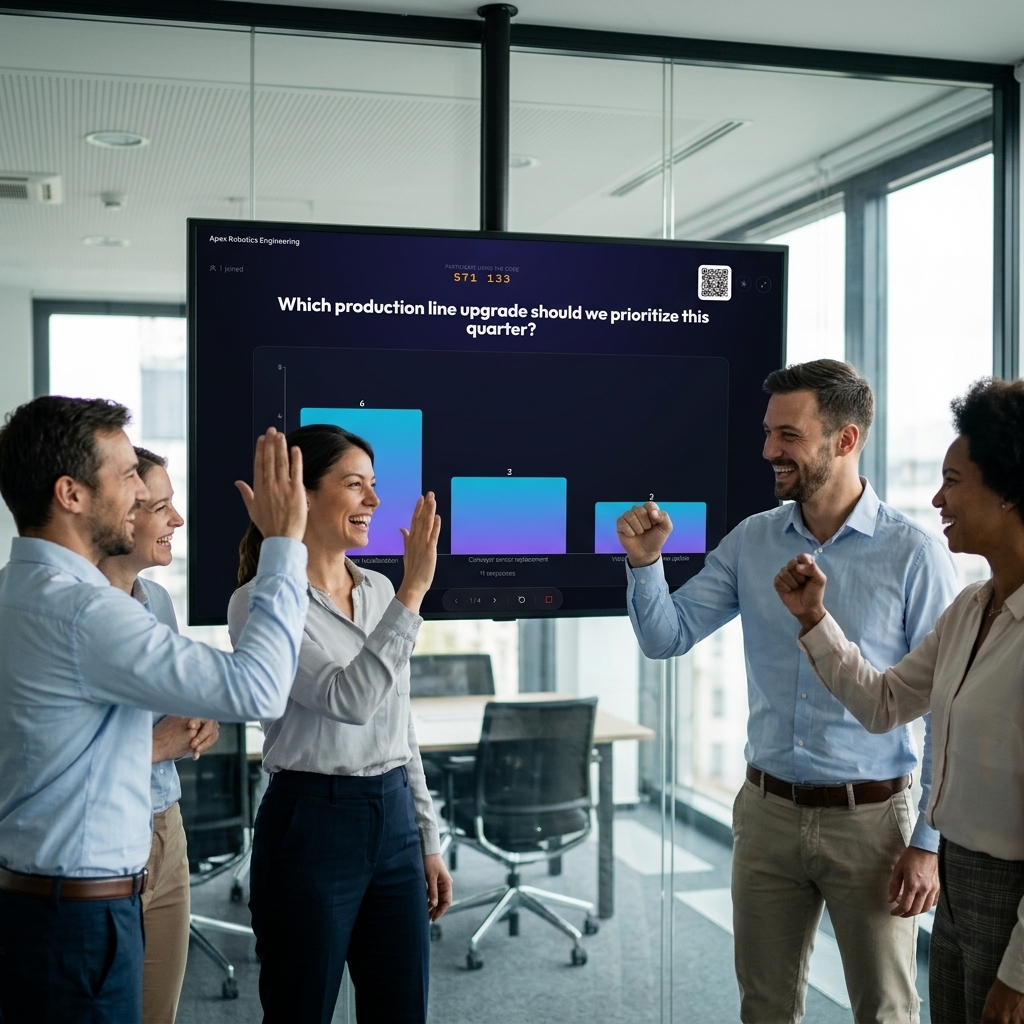 Engineering team laughing and high-fiving in front of a screen showing live poll results, having just reached a decision together