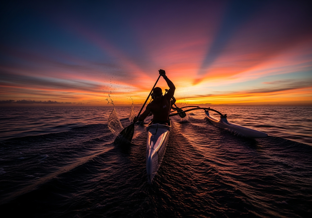 Équipe va'a au coucher du soleil