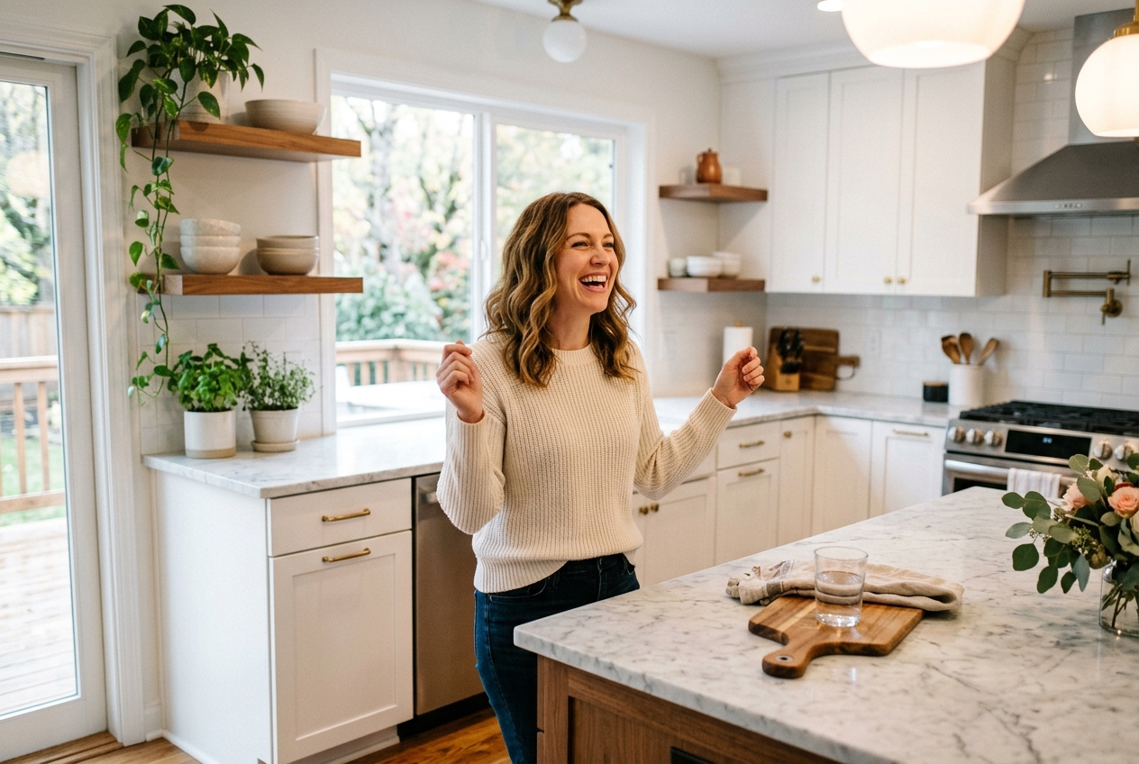 Excited homeowner celebrating in her new kitchen