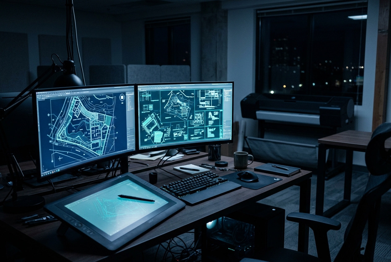 CAD drafting workstation with dual monitors showing technical site drawings