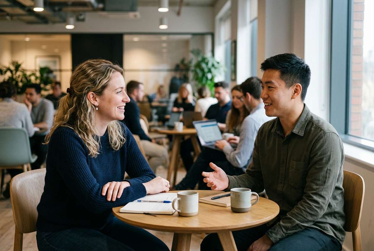 A manager and an employee having a development conversation in a relaxed office setting.