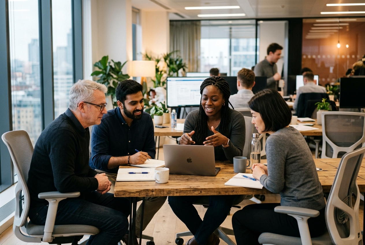 A small diverse team collaborating around a laptop in a bright office.
