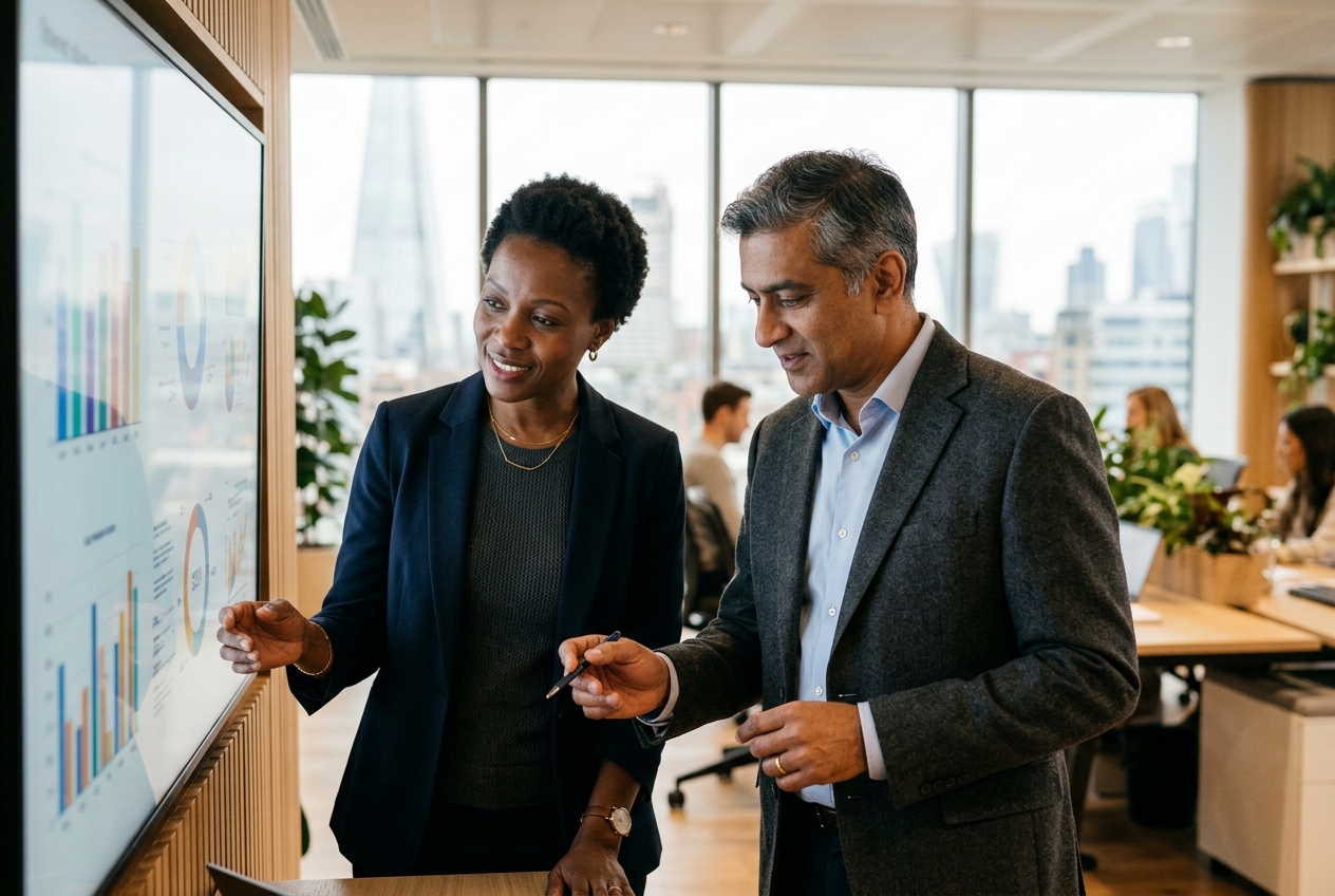 Two senior leaders reviewing workforce information together in a modern UK office.