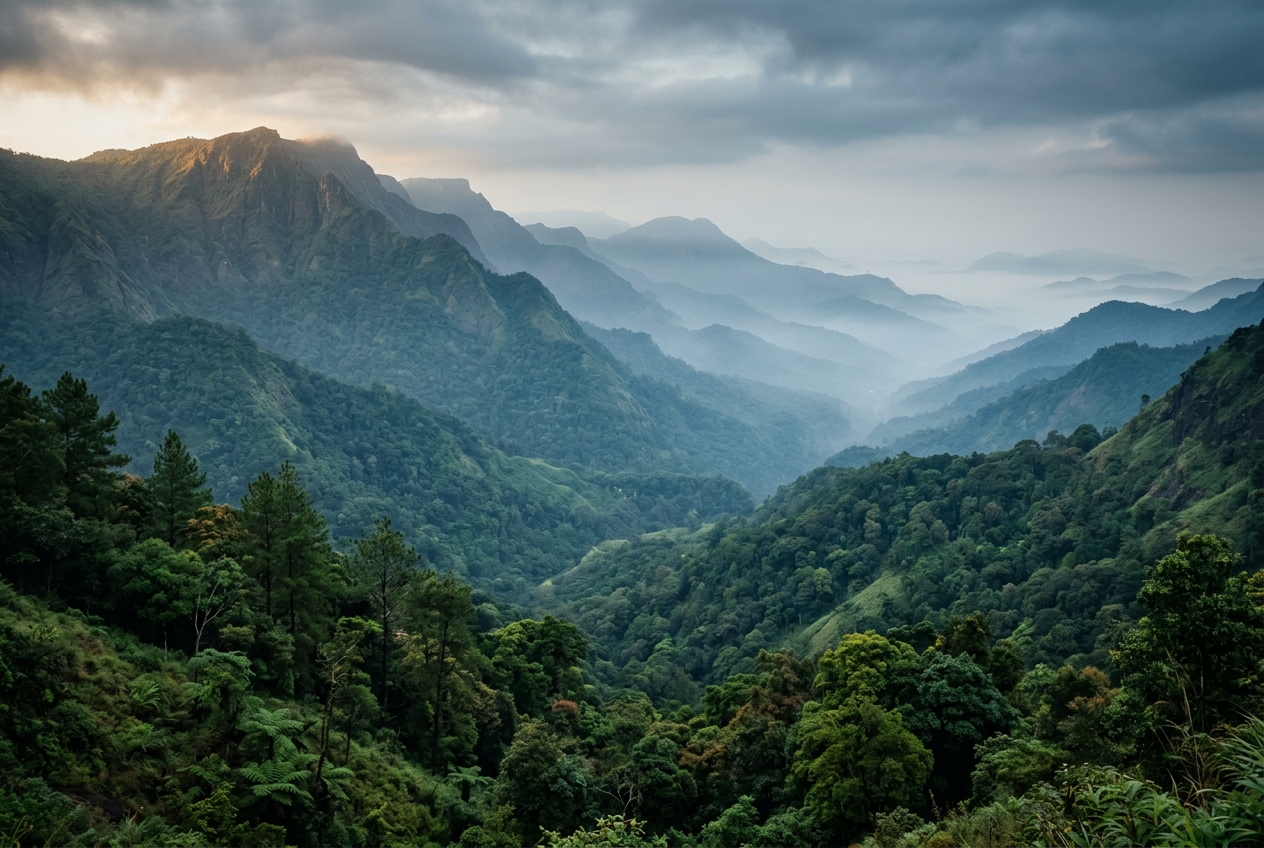 Mist-covered Western Ghats mountains rising over a deep green Kerala valley