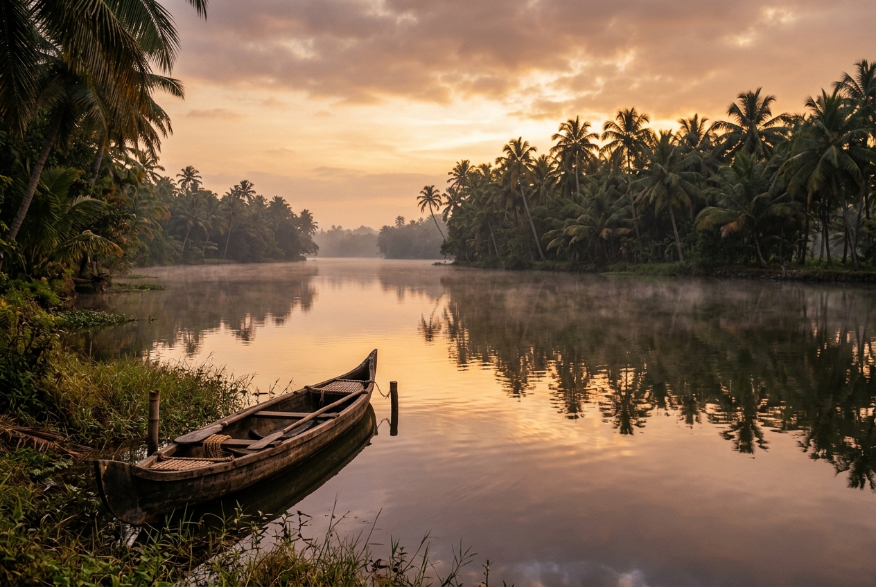 Perfectly still Kerala backwaters reflecting coconut palms at golden hour