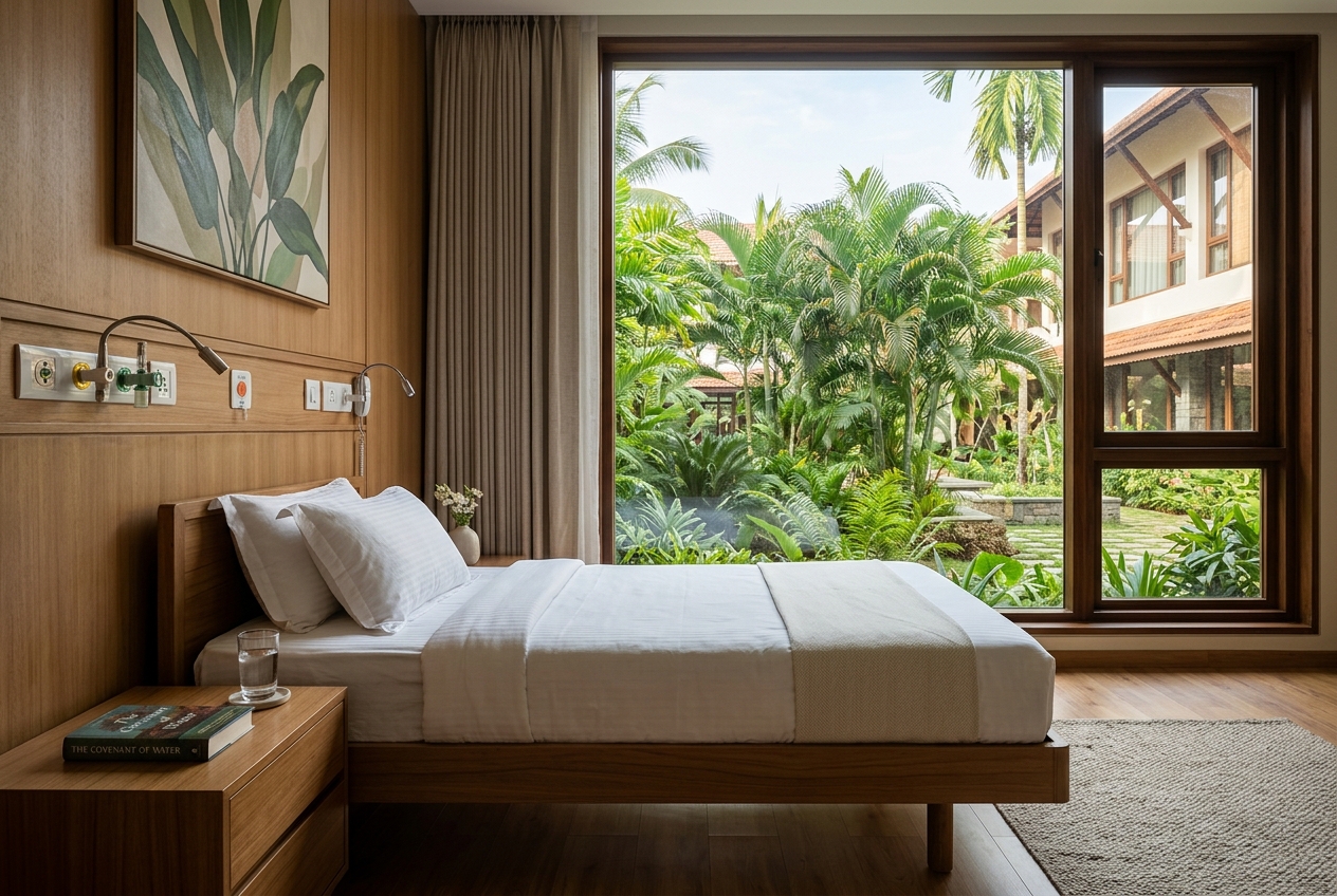A serene premium recovery room overlooking a green Kerala courtyard