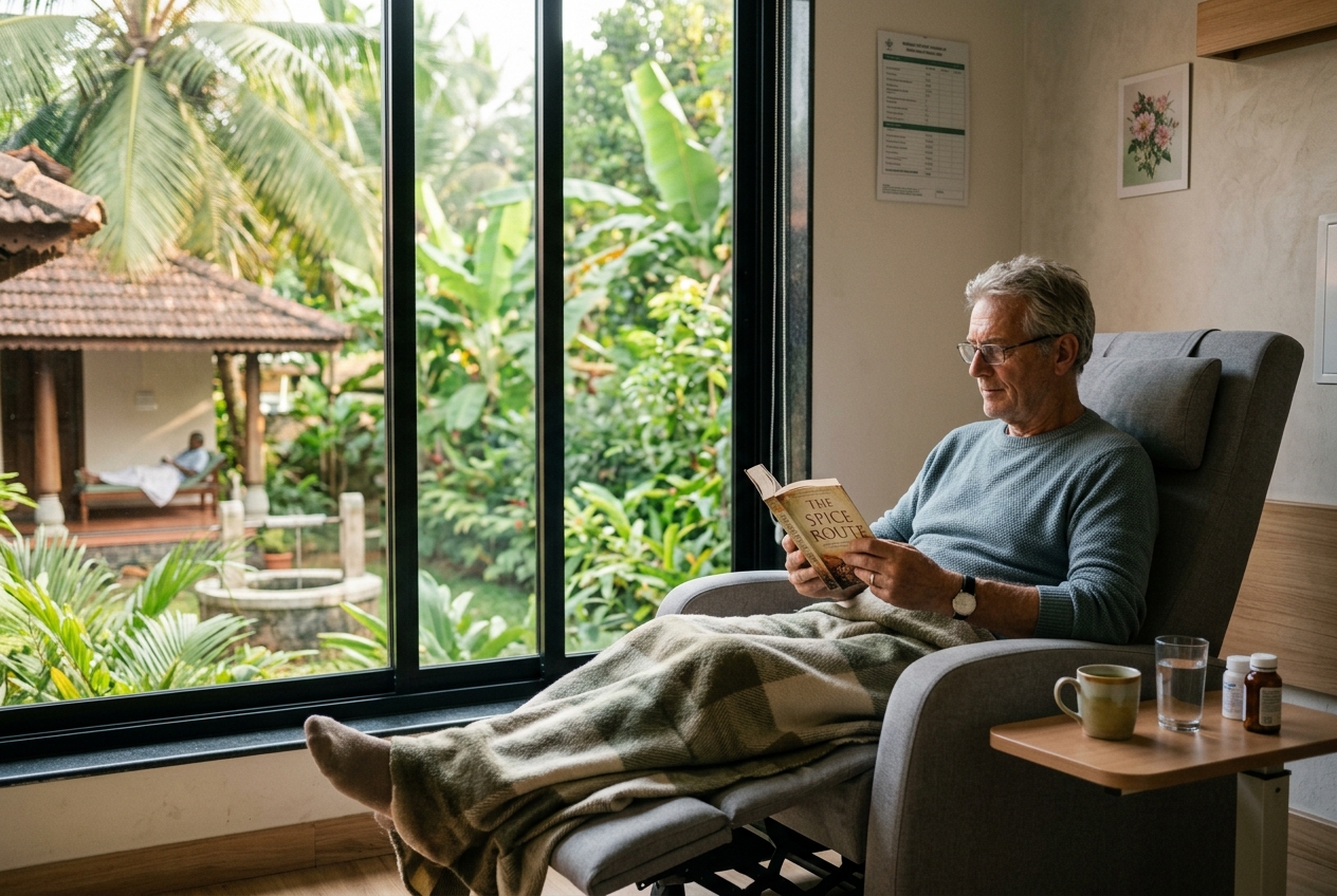 A patient recovering comfortably with a view of a green Kerala courtyard