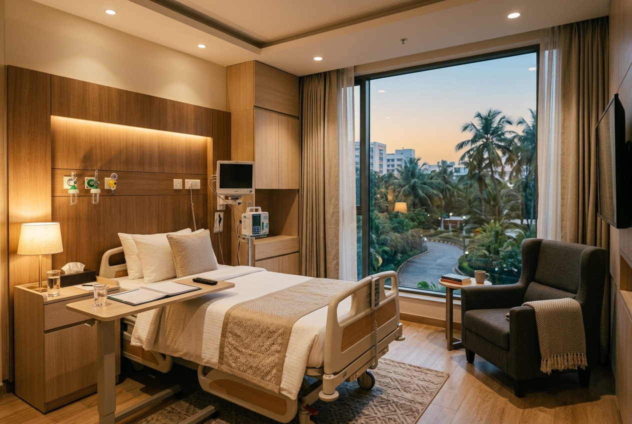 A premium modern patient room in an Indian hospital at dusk