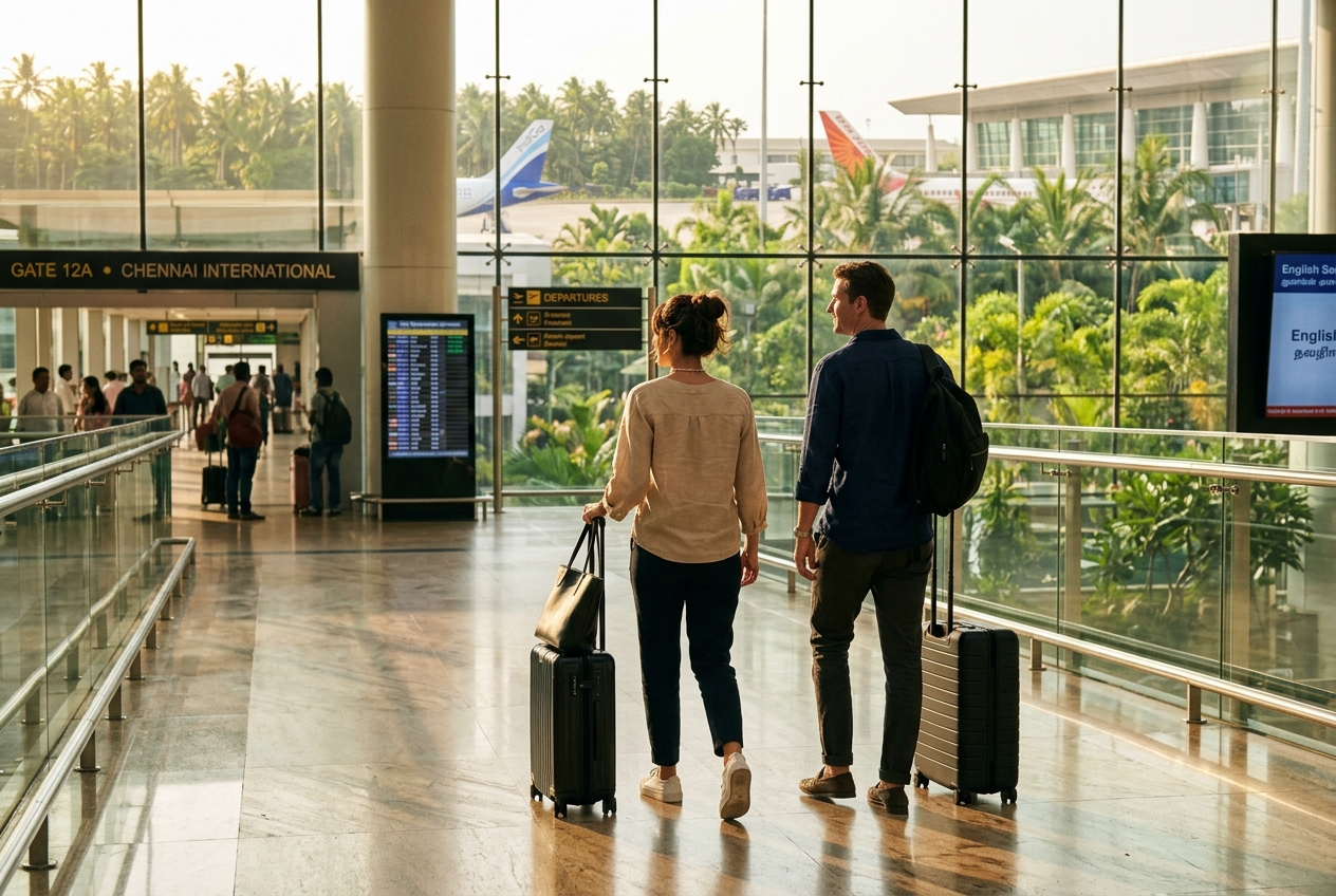 International travellers walking through a premium airport with tropical light