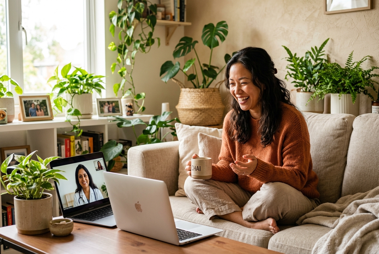 A patient at home smiling during a follow-up video call with her Indian doctor