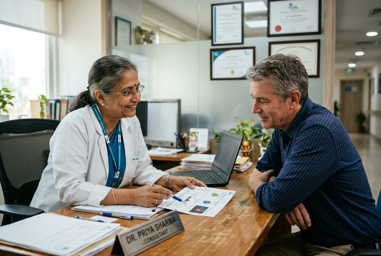 An Indian senior doctor warmly discussing a medical report with an international patient