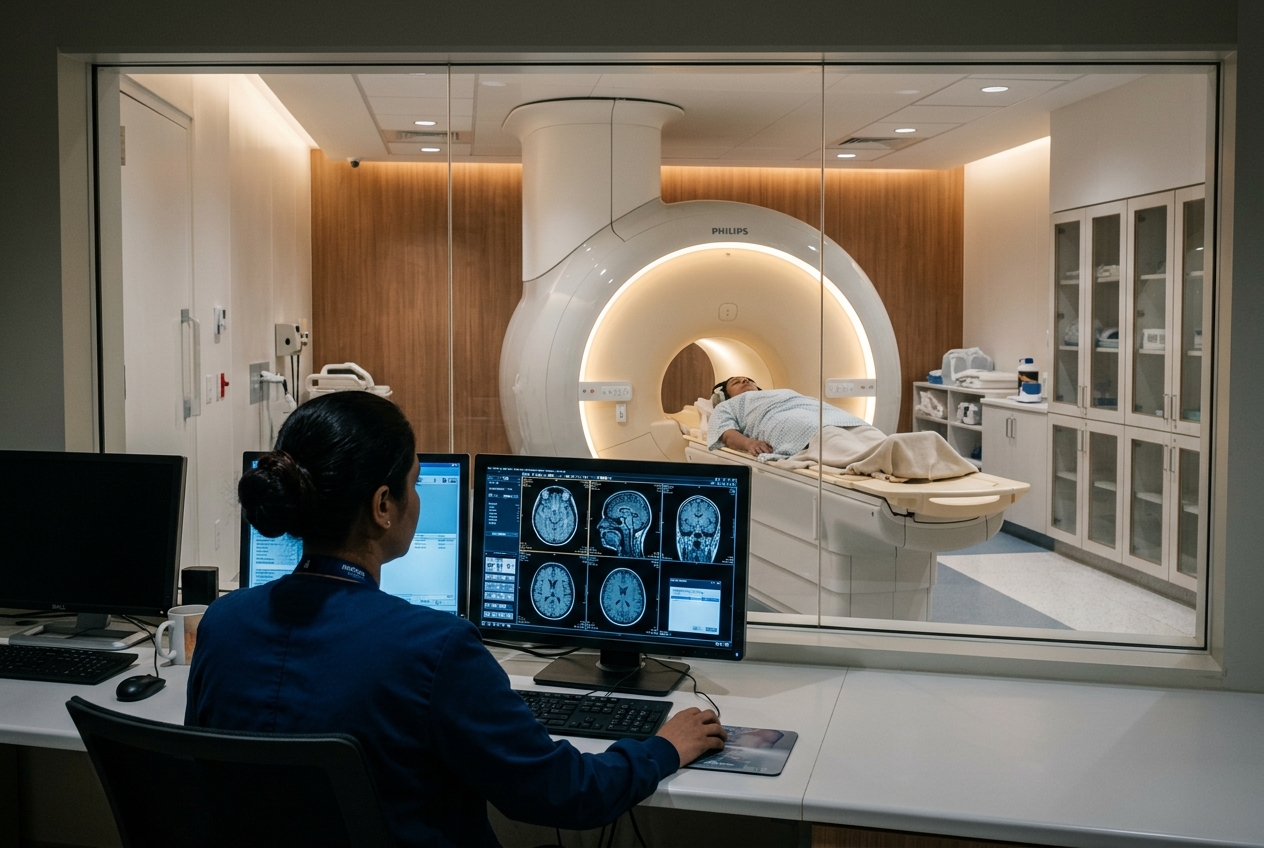 An MRI scanner suite with a radiology technologist reviewing scans in a modern Indian hospital