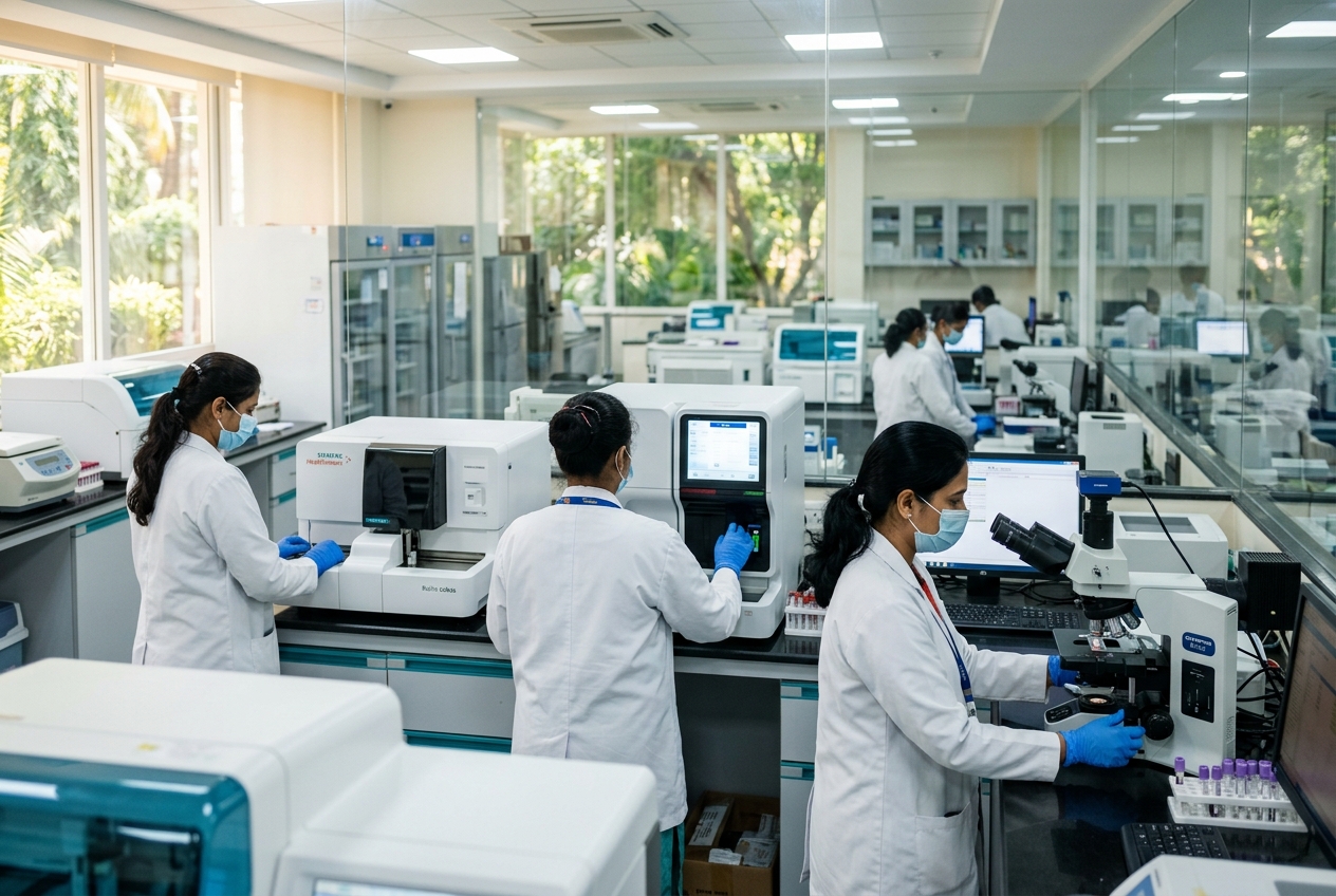 Indian laboratory scientists working in a modern hospital diagnostic laboratory