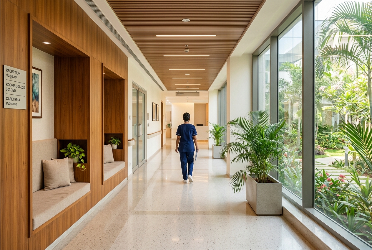 A bright modern hospital corridor with tropical garden views