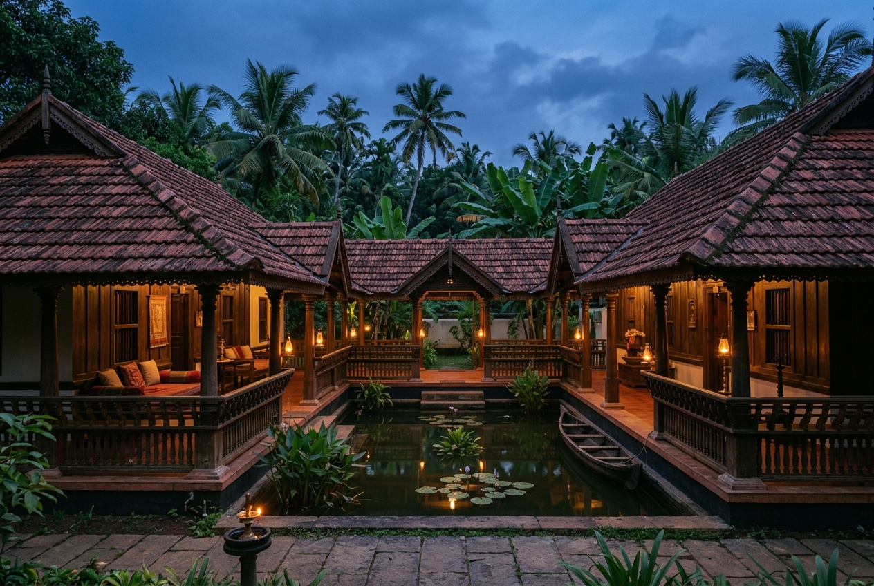 Elegant traditional Kerala architecture with warm lamps beside a courtyard pool at dusk