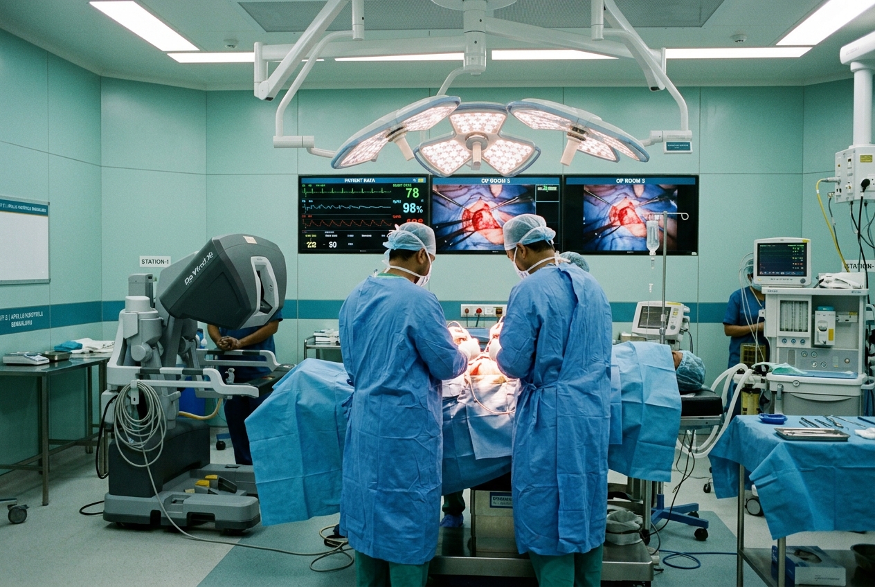 A modern operating theatre with advanced surgical lights and robotic equipment in an Indian hospital